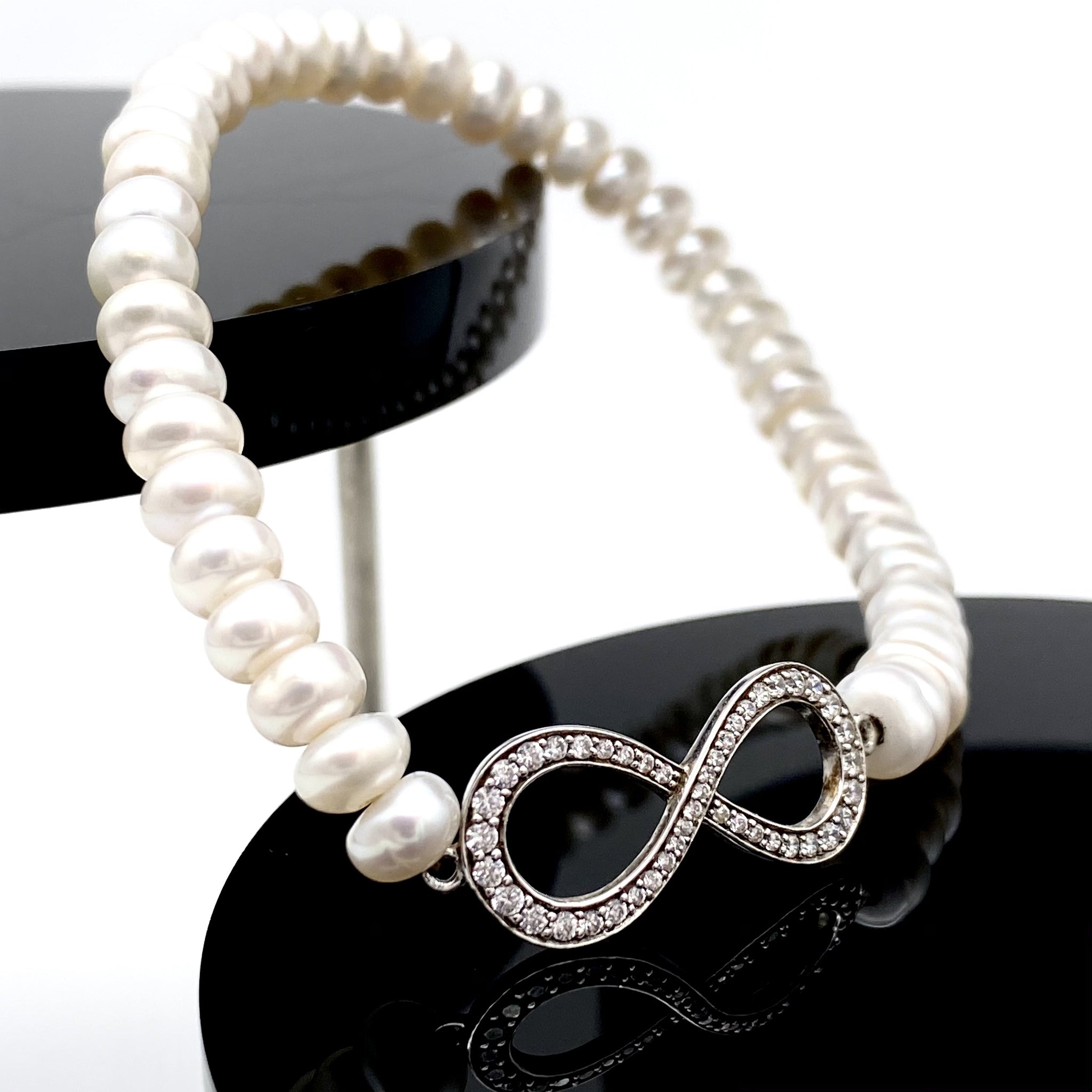 Freshwater Pearl Crystal Infinity Bracelet - Sterling Silver