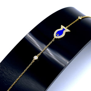 Adjustable Blue Enamel Crystal Fish Bracelet - Gold Plated Sterling Silver