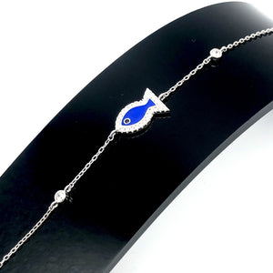 Sterling Silver Adjustable White Enamel Crystal Fish Bracelet