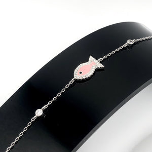 Sterling Silver Adjustable Pink Enamel Crystal Fish Bracelet