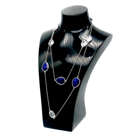 Long Teardrop Blue & Clear Crystal Necklace - Sterling Silver