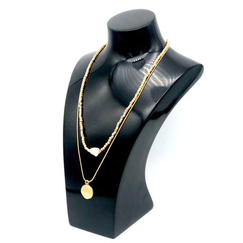 Gold 2 in 1 Necklace with Fresh Water Pearl and Matte Disk