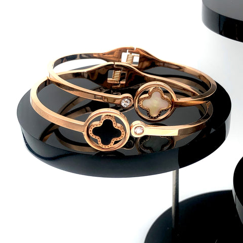 Stainless Steal Rose Gold Reversible Hinged Bracelet with Flower Design