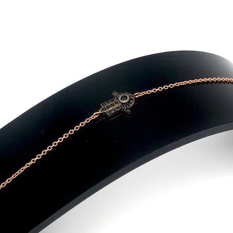 Adjustable Black Crystal Hamsa Bracelet with Centre Crystal - Sterling Silver 22 Rose Gold Plated