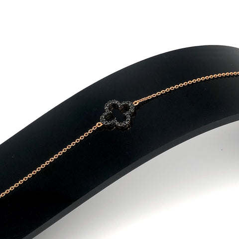 Adjustable Black Crystal Mini Open Clover Bracelet - Sterling Silver 22 Rose Gold Plated