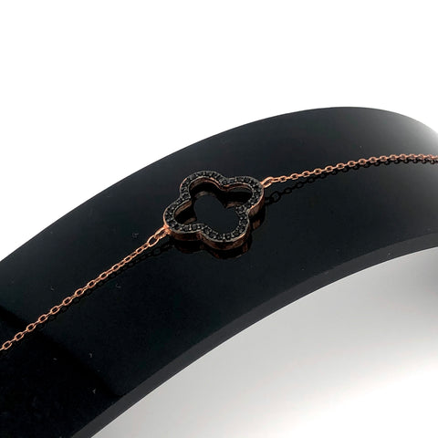 Adjustable Black Crystal Large Open Clover Bracelet - Sterling Silver 22 Rose Gold Plated