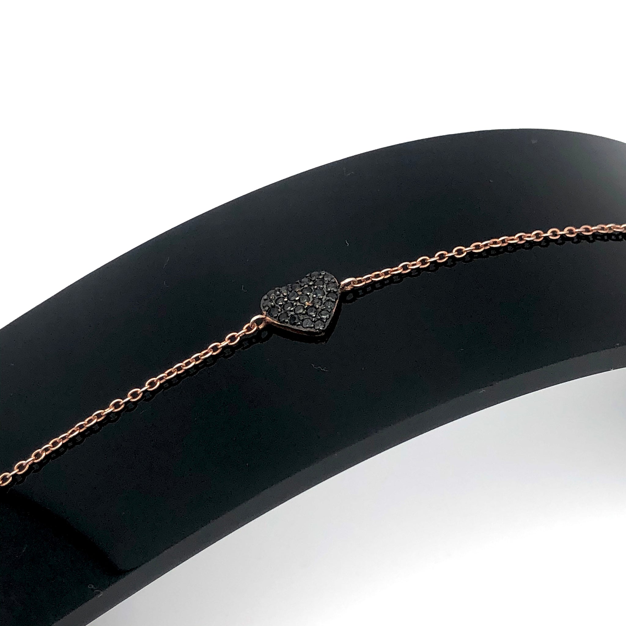 Adjustable Black Crystal Solid Heart Bracelet - Sterling Silver 22 Rose Gold Plated