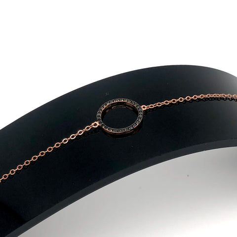 Adjustable Black Crystal Circle Bracelet - Sterling Silver 22 Rose Gold Plated
