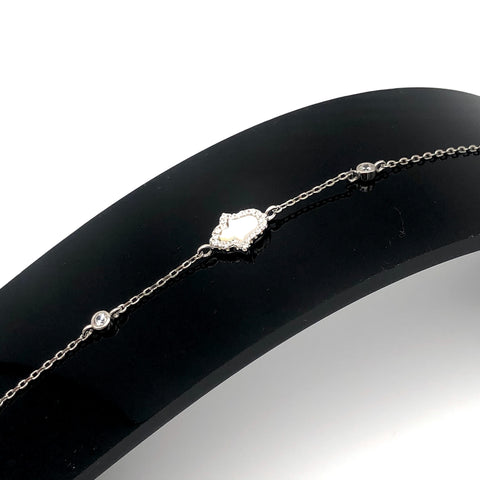 Adjustable Mother of Pearl Crystal Hasma Bracelet - Sterling Silver