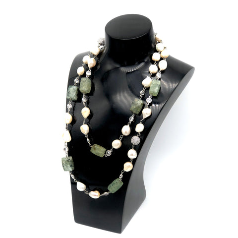 Freshwater Pearl and Green Agate Crystal Necklace - Sterling Silver
